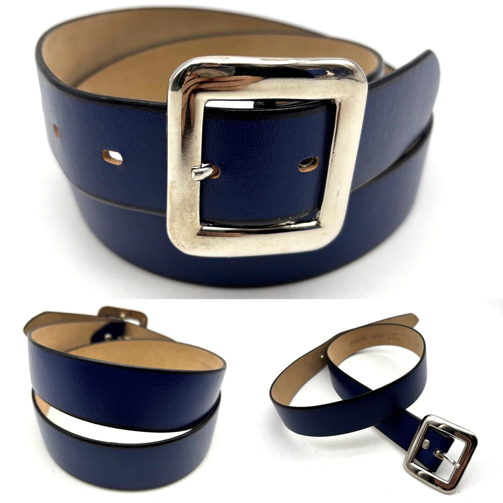 Vintage 90s Navy Blue Leather Square Buckle Dress Waist Belt USA Made M/L 28-32