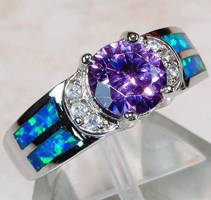 1CT Amethyst & Australian Opal Inlay 925 Sterling Silver Ring Jewelry Sz 7 AB5