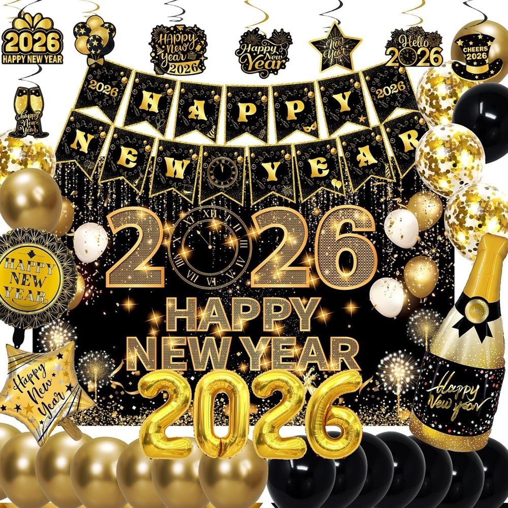 New Years Eve Party Supplies 2026 with happy New Year Banner,Backdrop,Balloon.-image