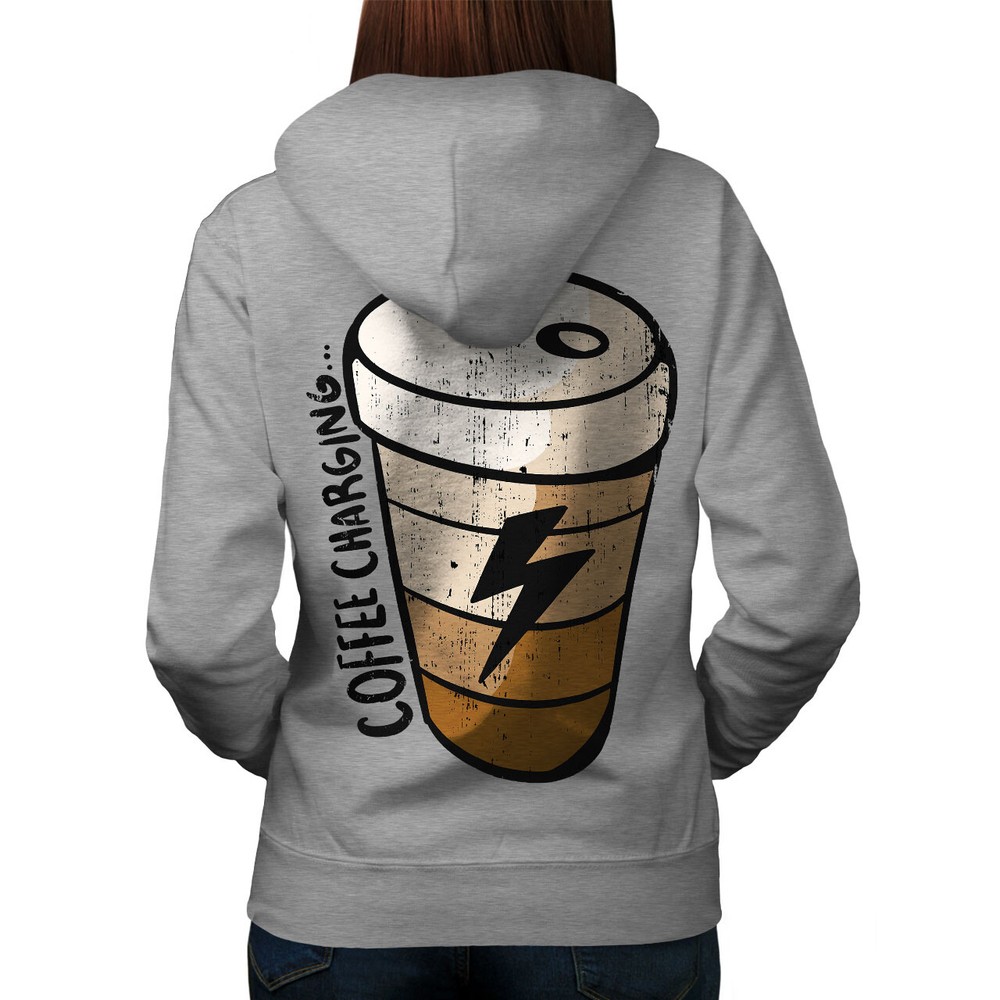 Wellcoda Coffee Charging Lightning Bolt Grunge Womens Hoodie Back