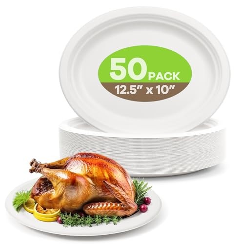 FEHHTO 100% Compostable Oval Paper Plates, 12.5Inch 50Pack 50pcs, Off-White