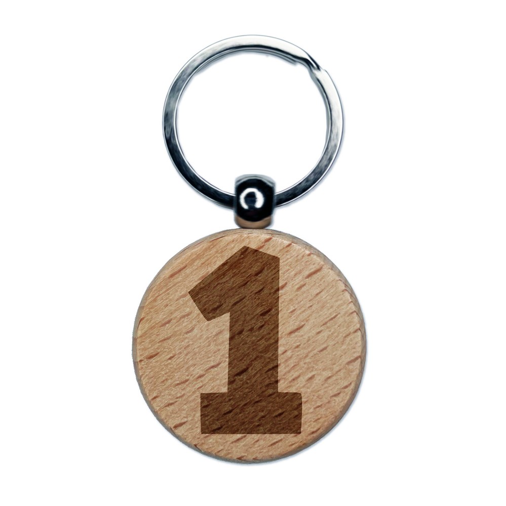Number 1 One Fun Bold Font Engraved Wood Round Keychain Tag Charm