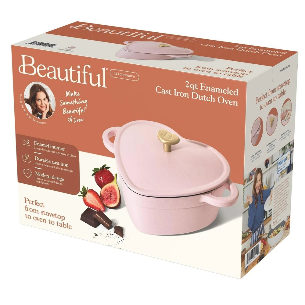 Drew Barrymore 2Qt Cast Iron Dutch Oven Heart-Shaped Pot w/ Lid, Pink Champagne