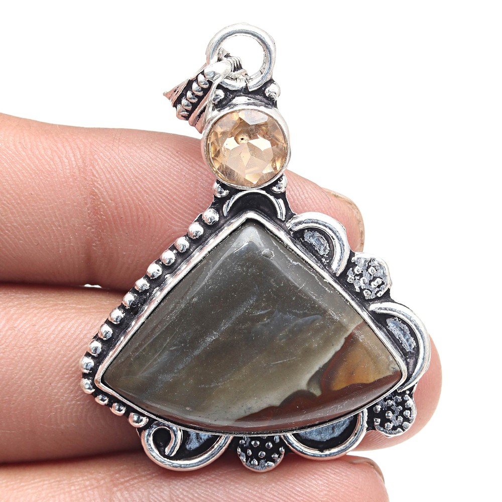 American Jasper Citrine Quartz Pendant Handmade Silver Jewelry 2 Inch