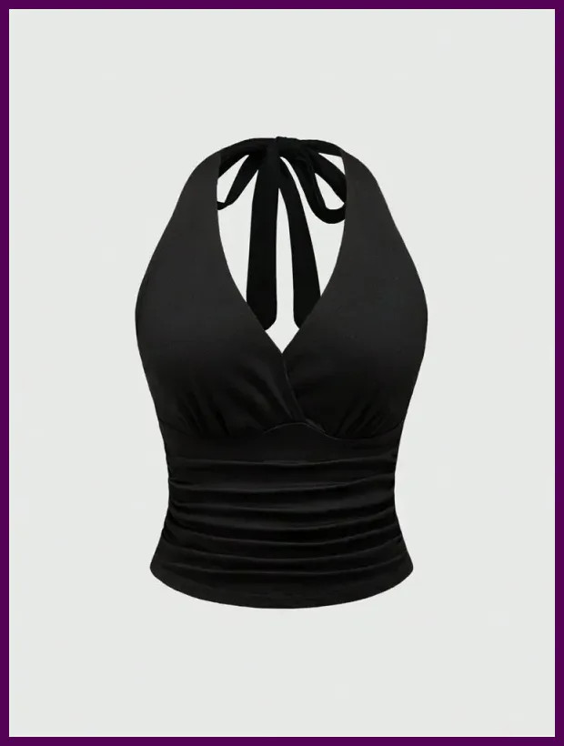 Solid V-neck Backless Halter Crop Top for Women Summer Sexy Y2K Sleeveless