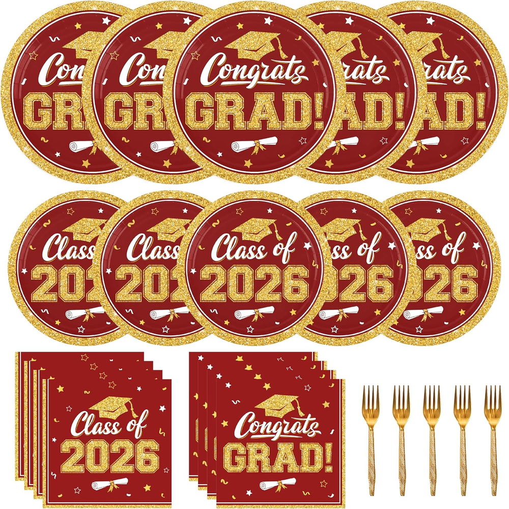 Maroon Gold Graduation Decorations 2026,200Pcs Maroon Graduation Plates and Napk