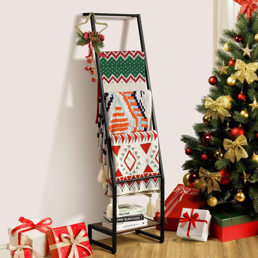 5-Tier Blanket Ladder: Wooden Storage Rack, Rustic Brown & Black, Living Room