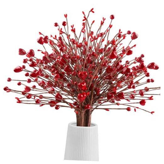 Valentines Day Decorations, 6 Branches Artificial Flowers Berry Stem, Heart