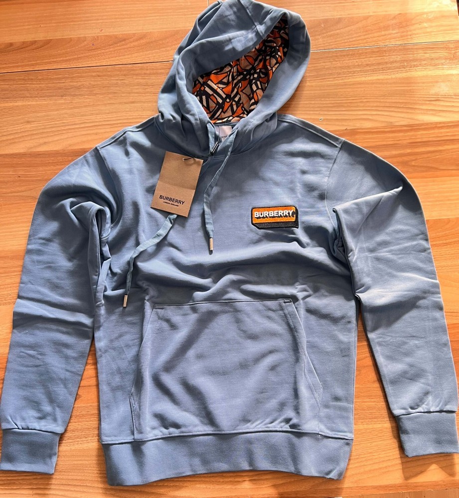 Burberry Hooded Shirt Men's Thin Cotton Blue Hoodie Sweatshirt Size Small