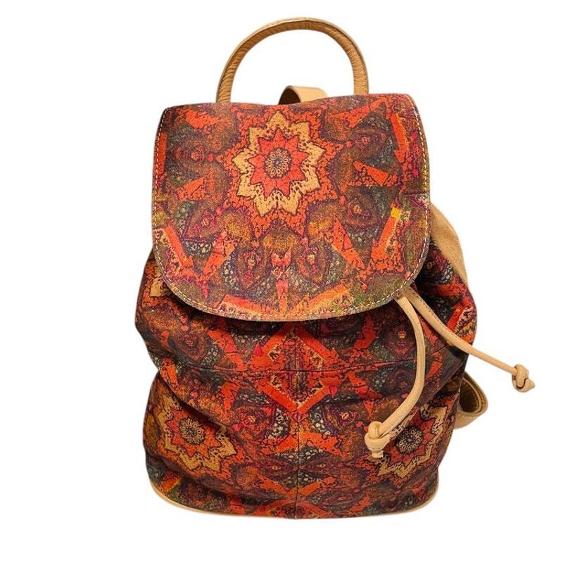 TopShop Aztec Print Boho Chic Medium Backpack Purse in Orange Tan with Flap Closure