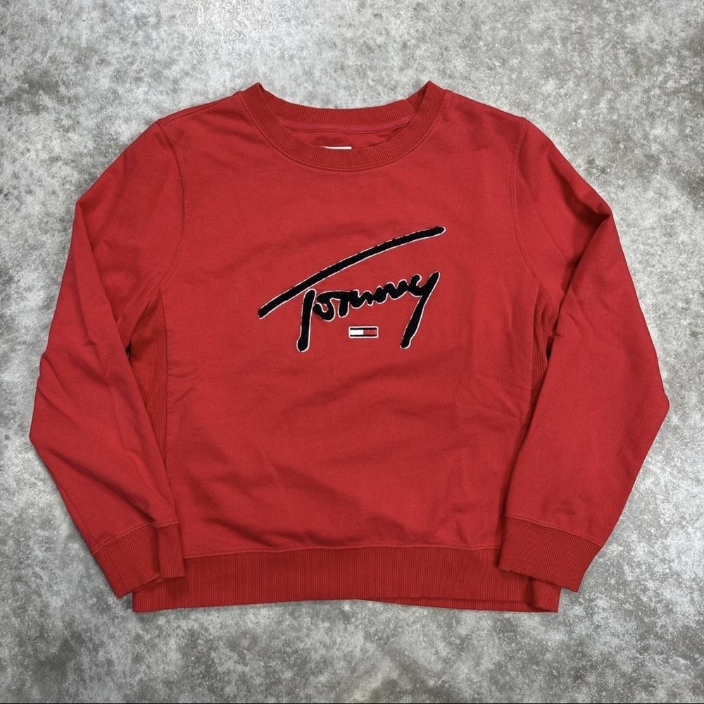Tommy Jeans Sweatshirt womens Medium Red Tommy Script Logo Crewneck Pullover