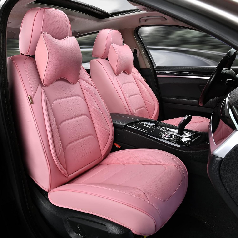 Pink Car Seat Covers Front Pair, Breathable Leather Cute