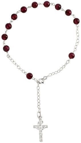 925 Sterling Silver 5mm Natural Garnet Beads Rosary Bracelet Rosario, 7 1/4