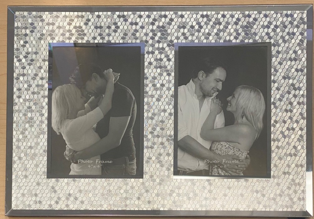 Modern Beveled Glass & Silver Metallic Honeycomb Photo Frame Holds 2 4x6 Images  