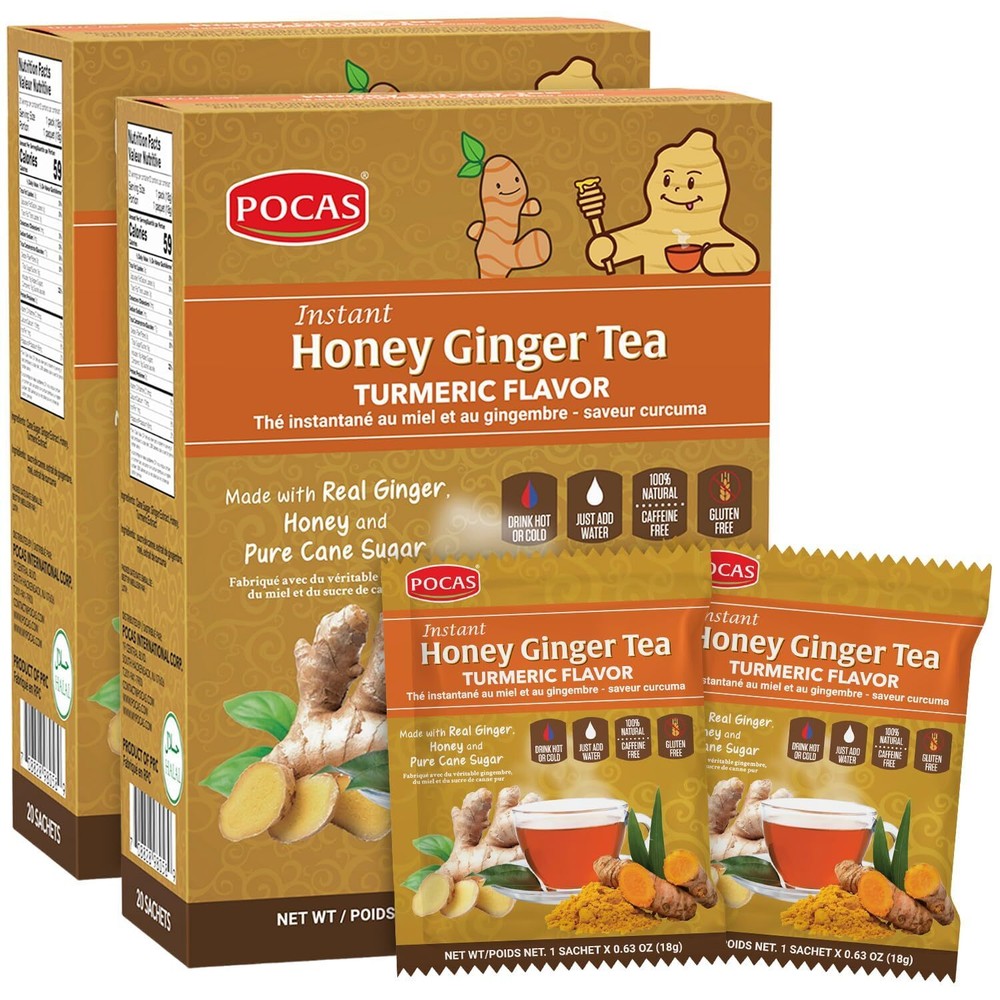 Pocas Honey Ginger Tea Instant Powder Packets with Turmeric & Lemon 10ct