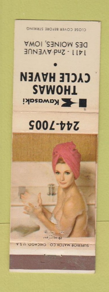 Vintage Thomas Kawasaki Motorcycles Pinup Matchbook Cover Des Moines IA Collectible