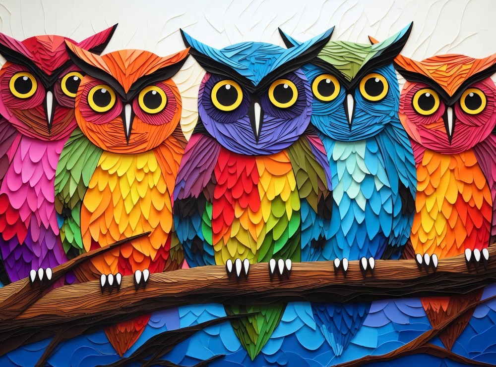 Cross and Glory - Kaleidoscopic Owls: Colorful Night's Watch - 1000 Piece Jig