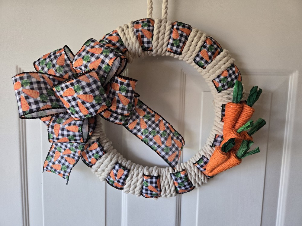 Handmade Farmhouse Nautical Rope Ribbon Wreath with Carrot Accents