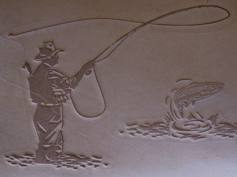 ACRYLIC Leather Embossing Stamp FLY FISHERMAN AND TROUT  for Veg Tanned Leather