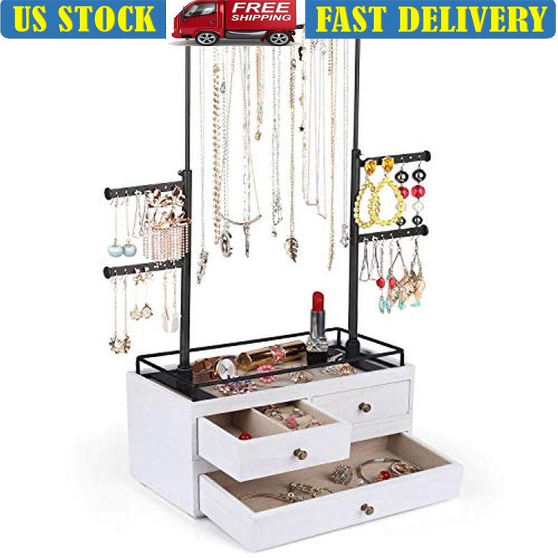 Jewelry Organizer 2 Layer Drawer Storage Box W/ 6 Tier Jewelry Tree Stand New