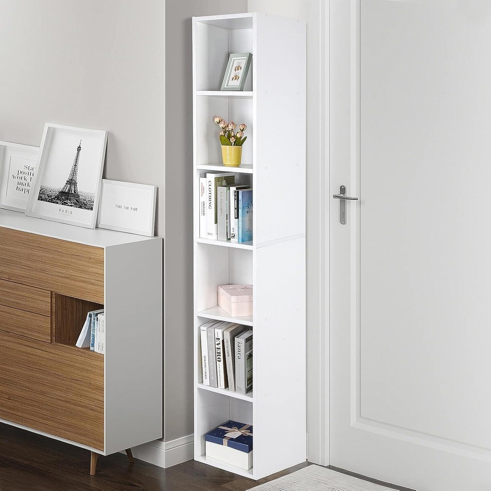 PACHIRA 6-Tier Adjustable White Narrow Bookshelf Display Cabinet