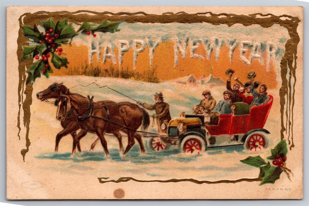 Happy New Year Horses Pulling Old Car Thru Snow C1900's Embossed Postcard N8