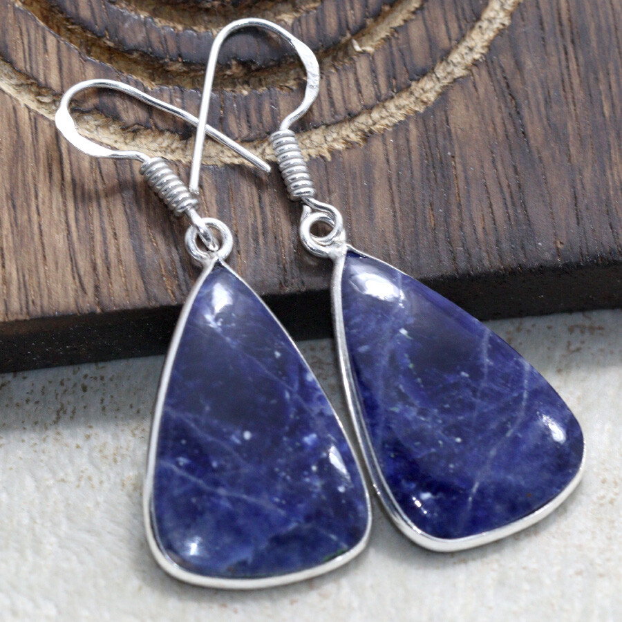 925 Silver Plated Sodalite Ethnic Earrings Handmade Jewelry Size 1.7