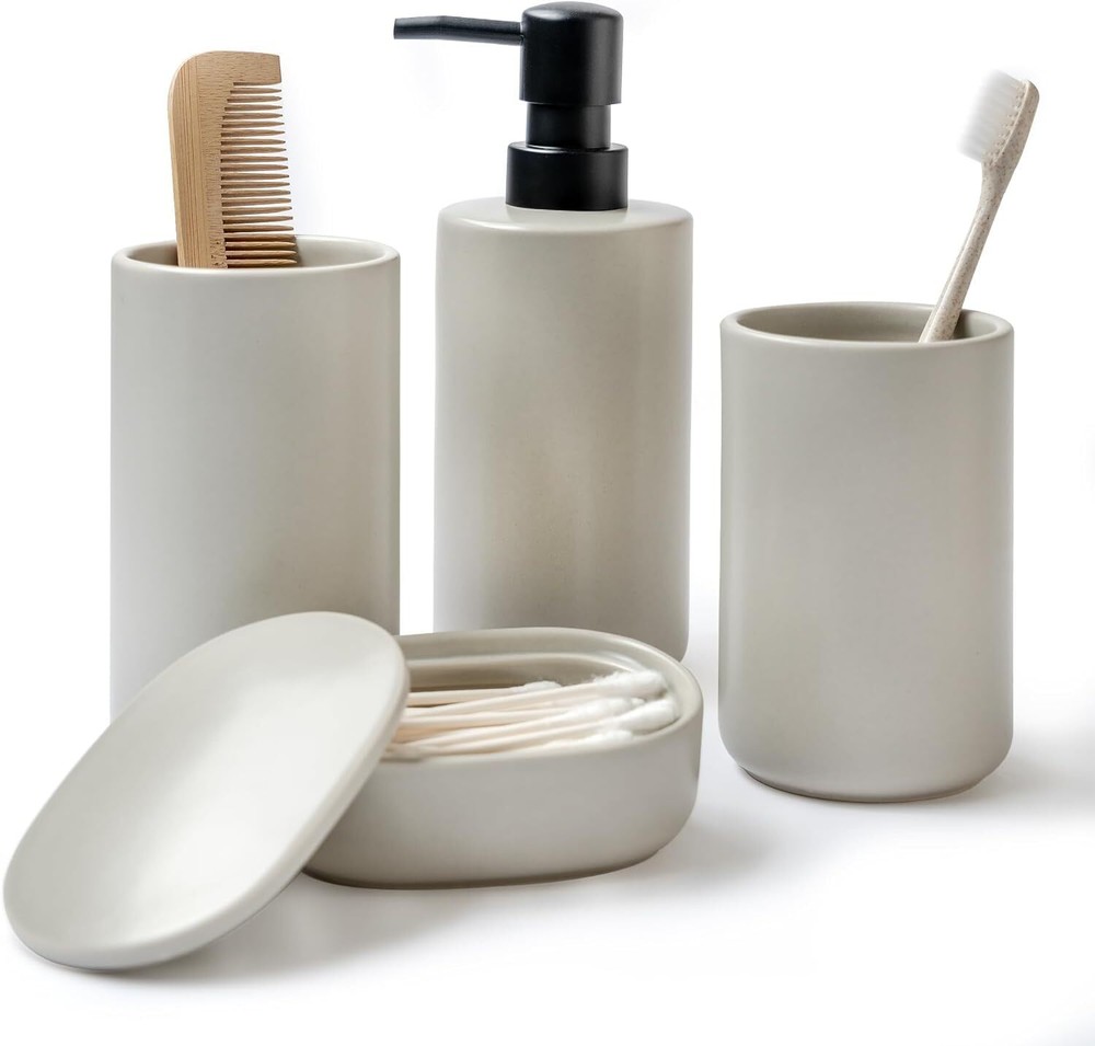 Beige 4-Piece Bathroom Accessory Set with Modern Design