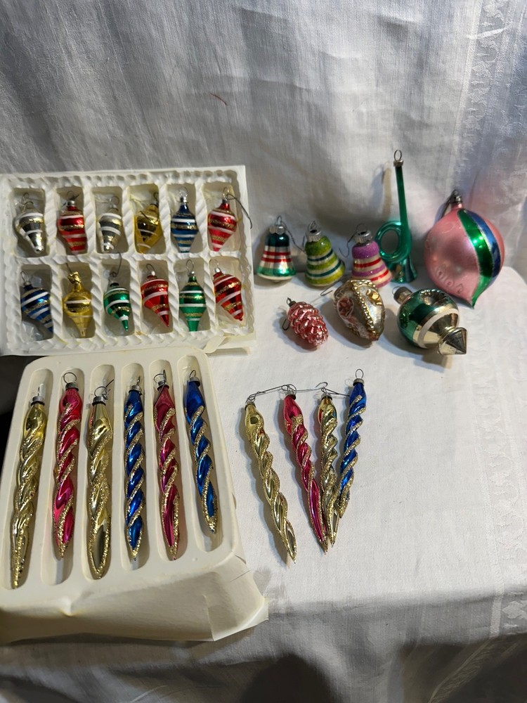 Vintage mercury, glass and vintage glass ornaments various sizes colors styles