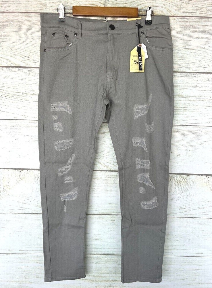 Trestles Thin Jeans Mens 36X32 Grey Distressed Canvas Style Stretch Skinny New