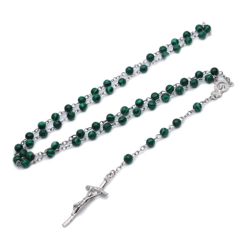 Malachite for Cross Pendant Rosary Beads Chain Necklace Religion Men C