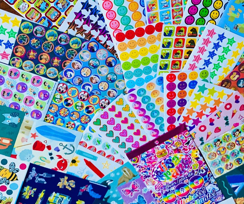 998 Sticker pk, mxd hearts flowers happy face fairies unicorns butterfly themes