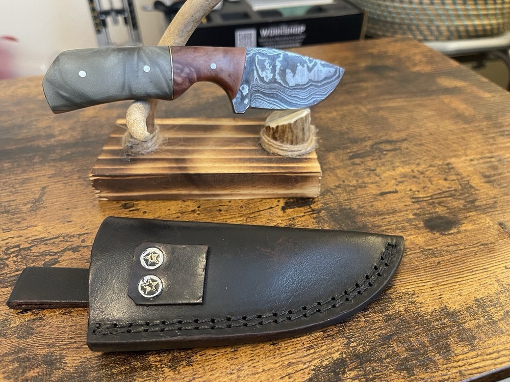 Damascus Steel Boot/Skinner Knife  Handmade With Acrylic Handle & Sheath Lot1