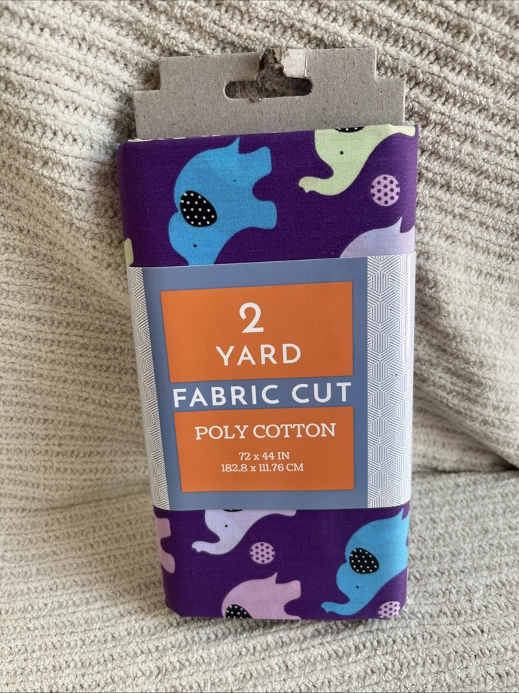 NEW Two (2) Yards Pre-Cut Poly Cotton Fabric in an Elephant Print on Purple.
