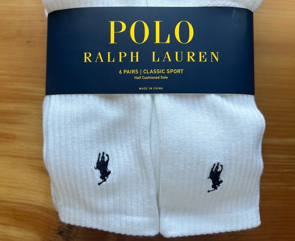 Ralph Lauren Men’s Classic Sport Crew Socks 6-Pack White Blue Pony Sizes 10-13