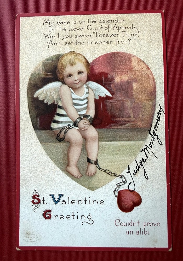 Antique 1910s Valentine Cupid in hand cuffs heart judge greeting postcard Rare