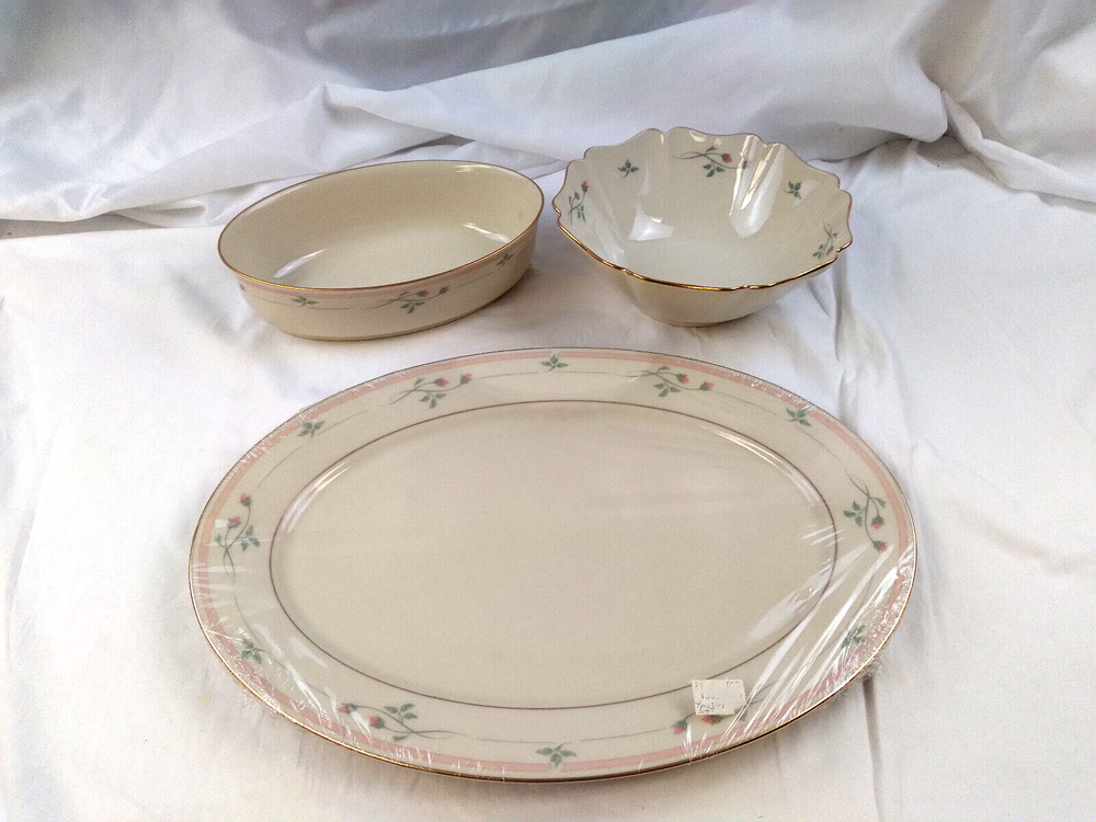 Three Vintage Lenox Rose Manor China Serving Dishes - 2 Bowls & 1 Platter