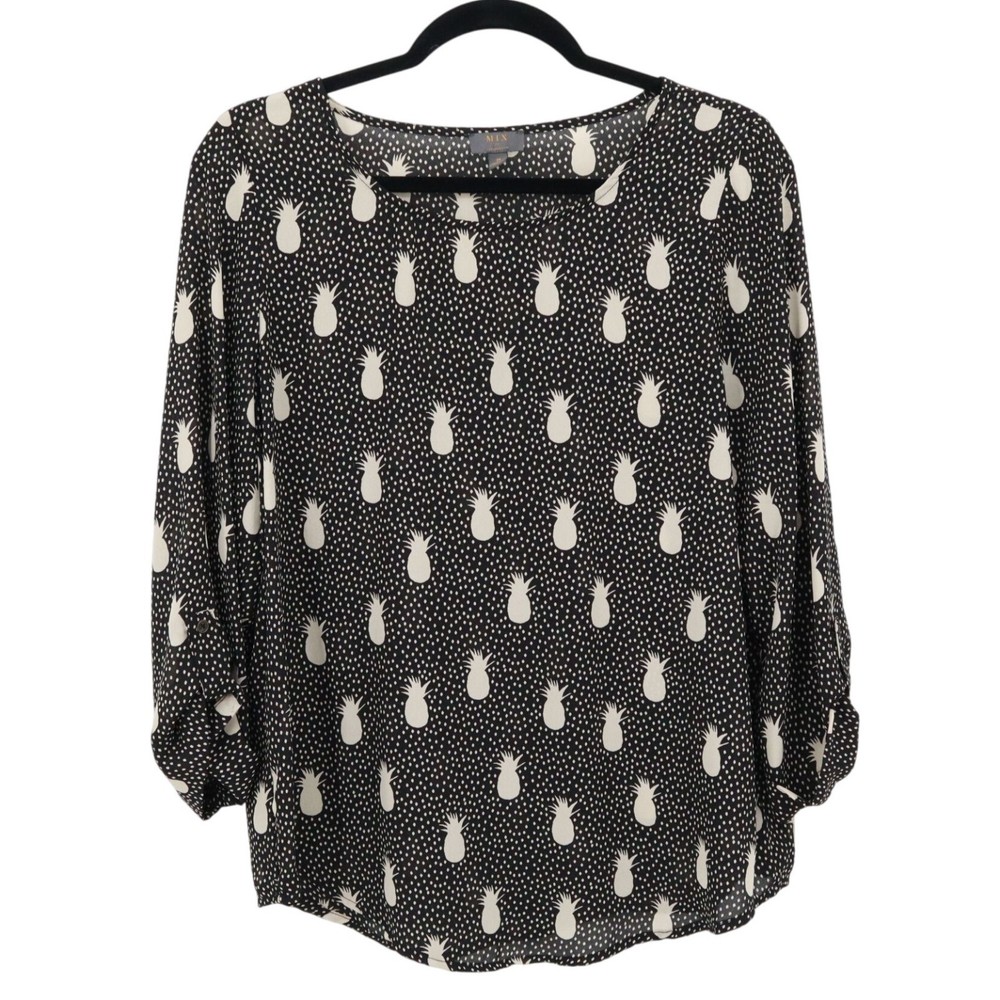Mix By 41 Hawthorn Top Womens M Black Pineapple Novelty Office Career Boho Girly