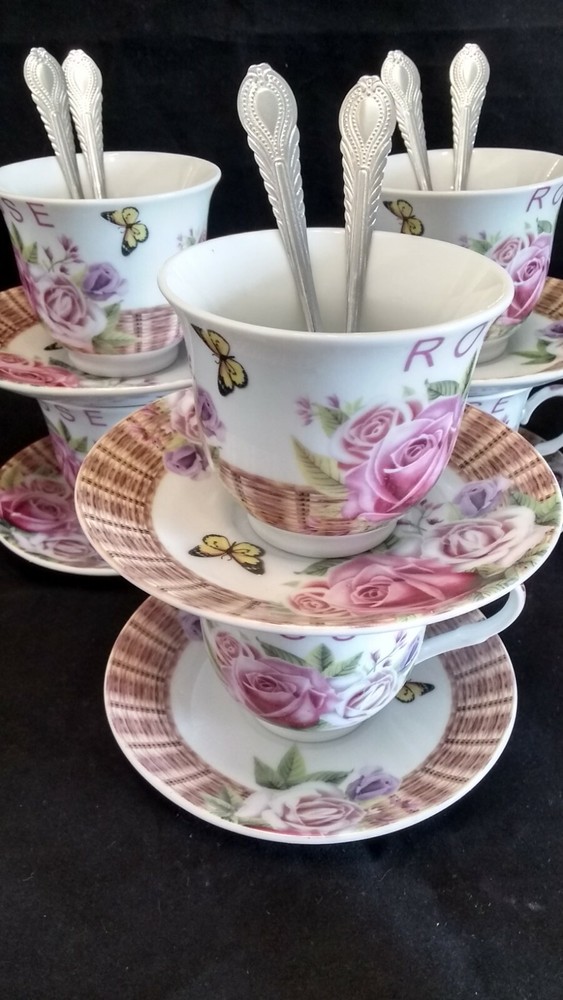 6 Cup 6 Saucer 6 Spoons Floral Tea Set ROSES BUTTERFLY Flower CLEARANCE SALE-image