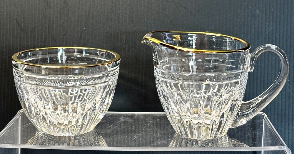 Waterford Marquis Clear Glass Gold Trim Creamer and Open Sugar Bowl Set Signed