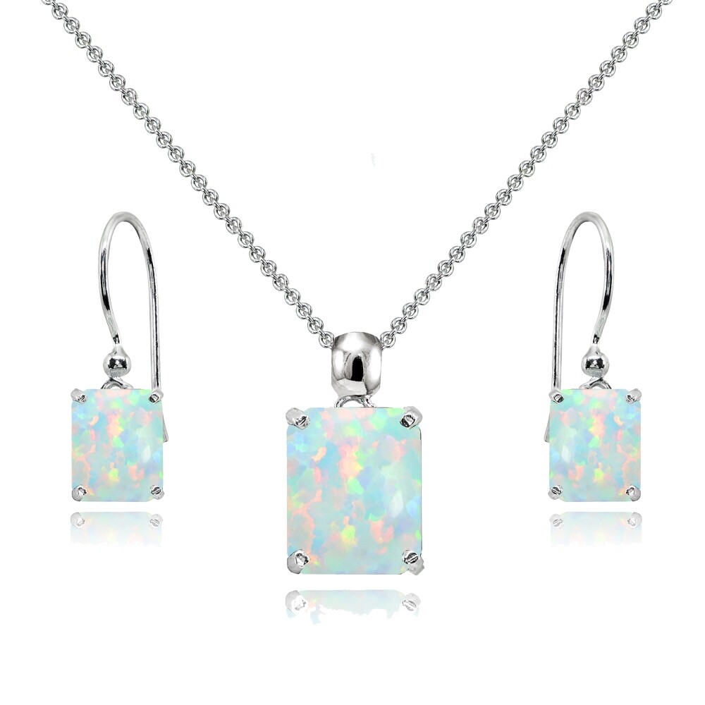 Octagon Simulated White Opal 925 Silver Dangle Earrings & Pendant Necklace Set