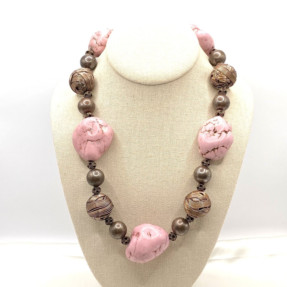 Vtg Bronze Necklace Choker Chunky Pink Bubble Gum Turquoise Filigree Estate D