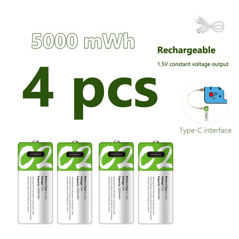 4PCS 5000mWh USB-C Li-ion 1.5V Rechargeable Battery with Fast Charging