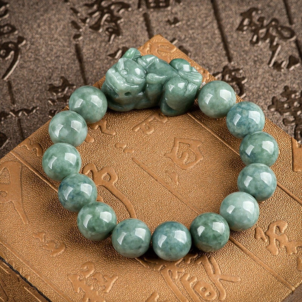 Women Bean Green Pixiu Beaded Bracelet Natural Grade A Jade Jadeite Luck Men