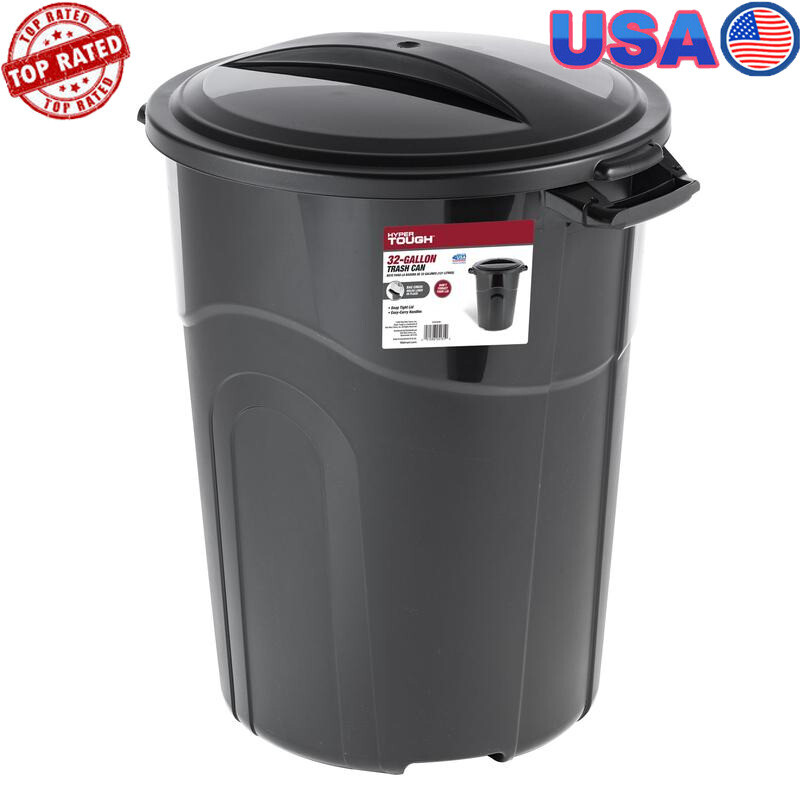 32 Gal Heavy Duty Plastic Garbage Can W/ Locking Lid Indoor Outdoor Wastebasket