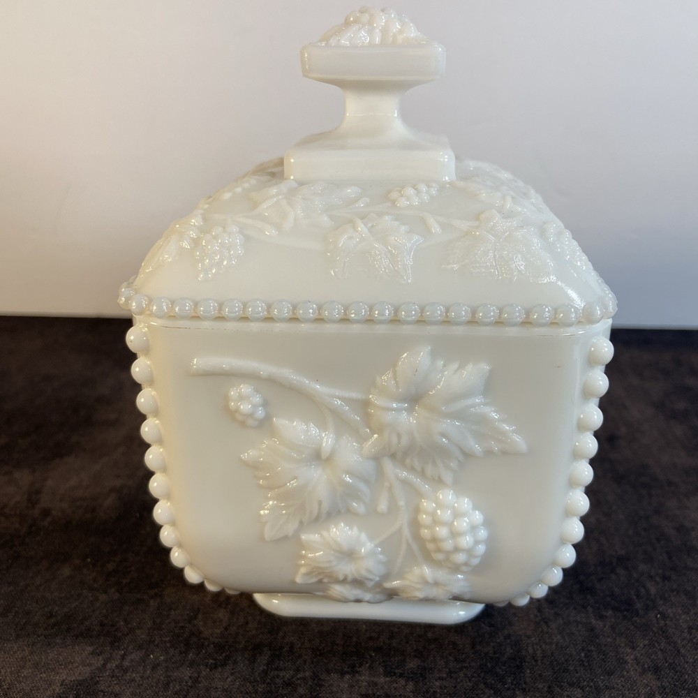 Vintage Westmoreland Beaded Grape Milk Glass-Candy/Misc Dish w/Lid. 5.75” Tall.