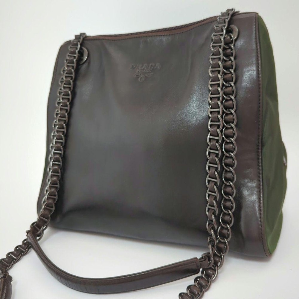 Prada Bicolor Leather Shoulder Bag with Chain and Embossed Logo Made in Japan