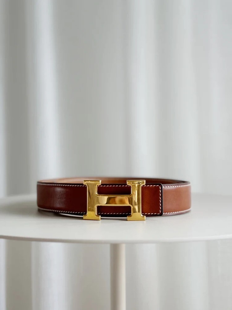 HERMES Vintage H Guilloche Belt Buckle with Reversible Leather Strap 32MM Size 78