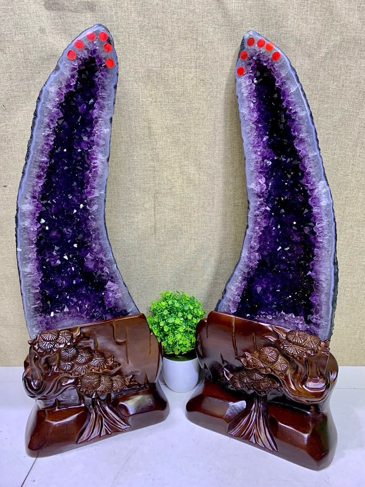 74.8LB Top Natural amethyst geode cluster cathedral Healing + stand A pair