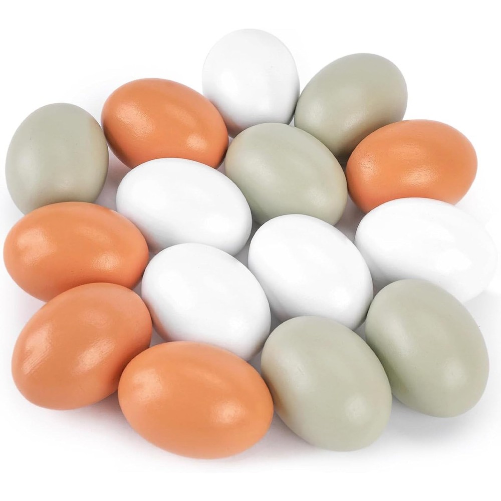 POPLAY 15PCS Wooden Fake Eggs, 3 Colors Chicken Eggs Faux for...